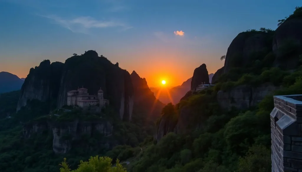 Image of Meteora monasteries during a serene sunrise