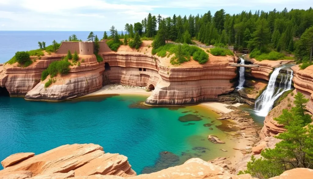 Image of Miner's Castle, Beach, and Falls in Pictured Rocks National Lakeshore