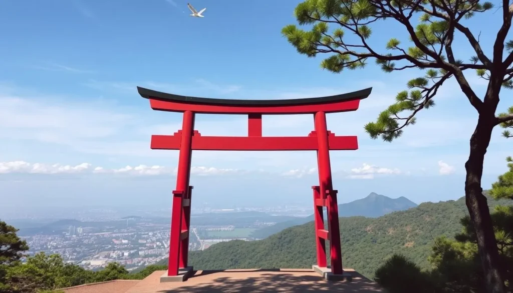 Image of Mirador Hill's iconic red torii gate and surrounding landscape