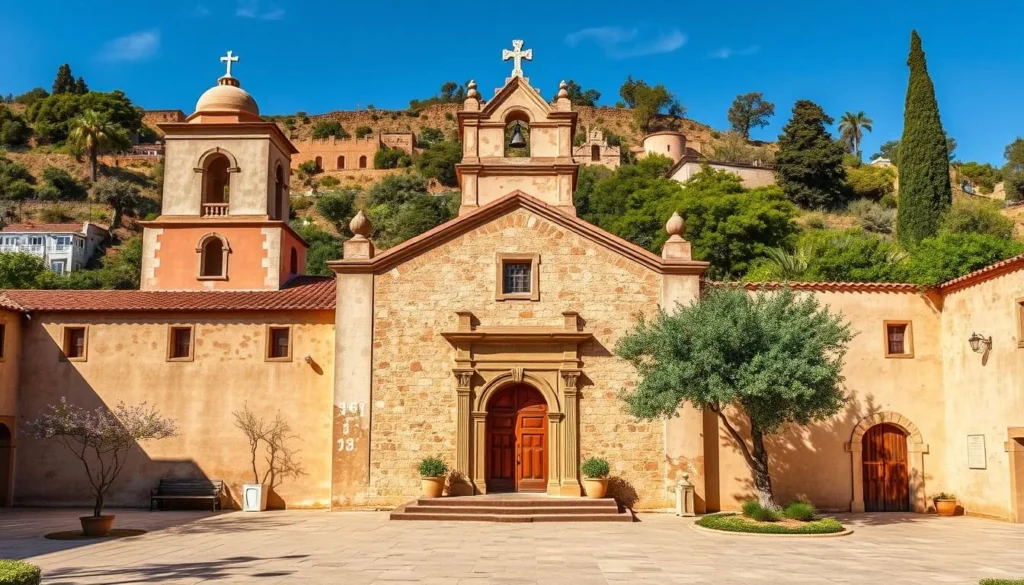Image of Mission San Miguel Arcángel's historic church and courtyard
