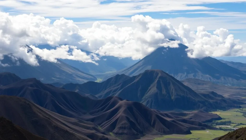 Image of Moca Valley with rugged volcanic ridges and cloud-topped peaks