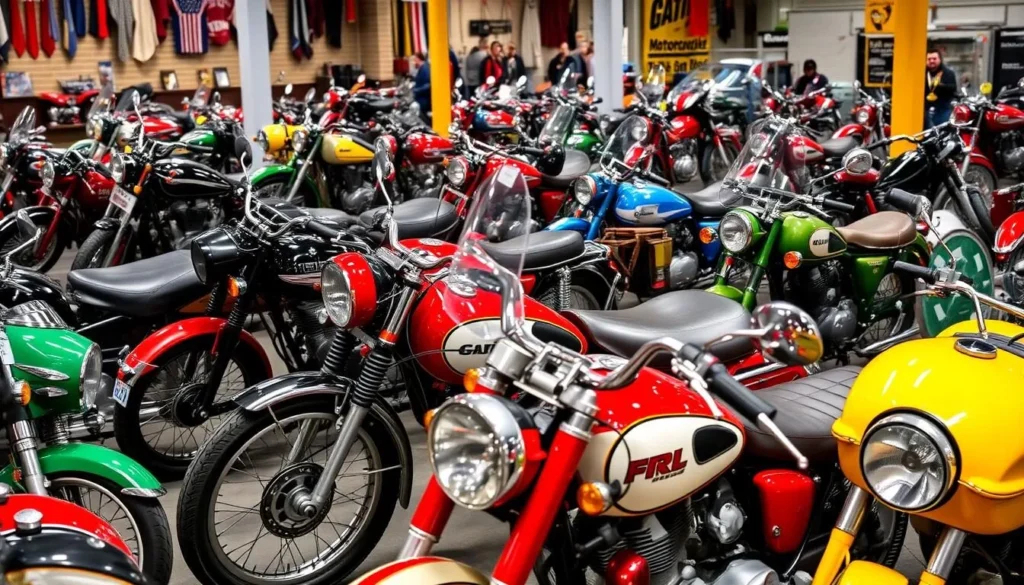 Image of Motorcycle Mecca's display with a variety of vintage motorcycles.