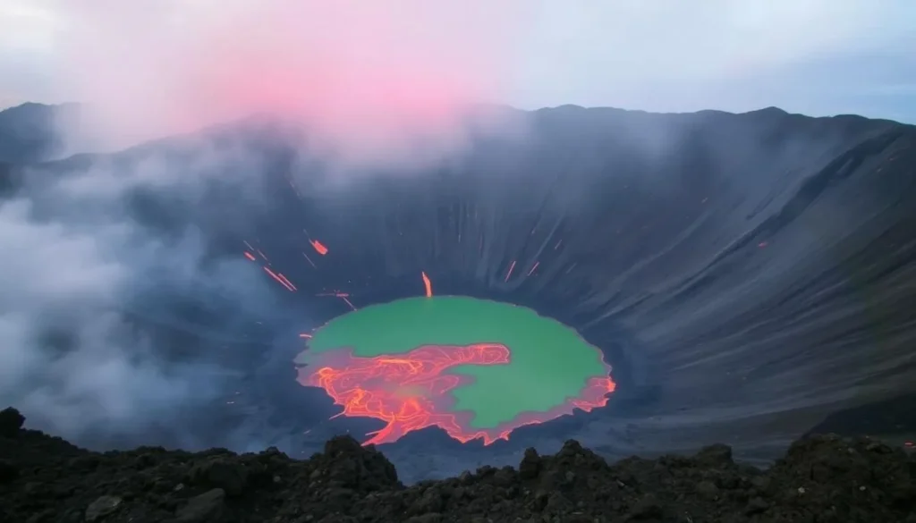 Image of Mount Nyiragongo's crater with a lava lake