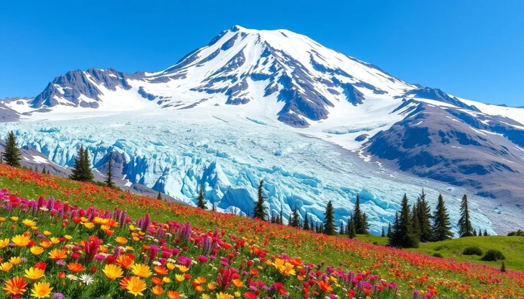 Image of Mount Rainier's glaciers and wildflower meadows