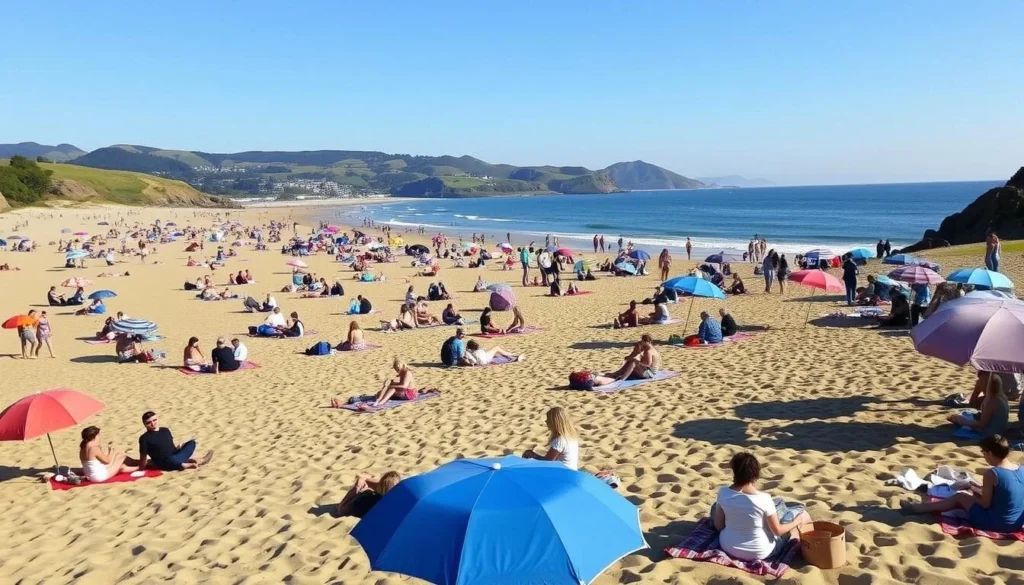 Image of Muir Beach California with a wide sandy shoreline and people enjoying picnics.