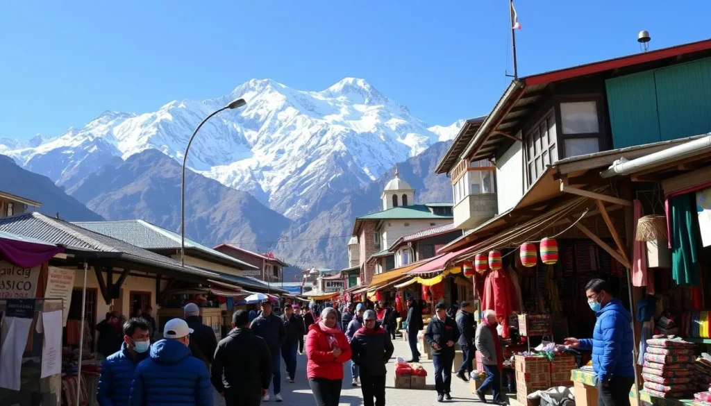Image of Namche Bazaar with a bustling market scene