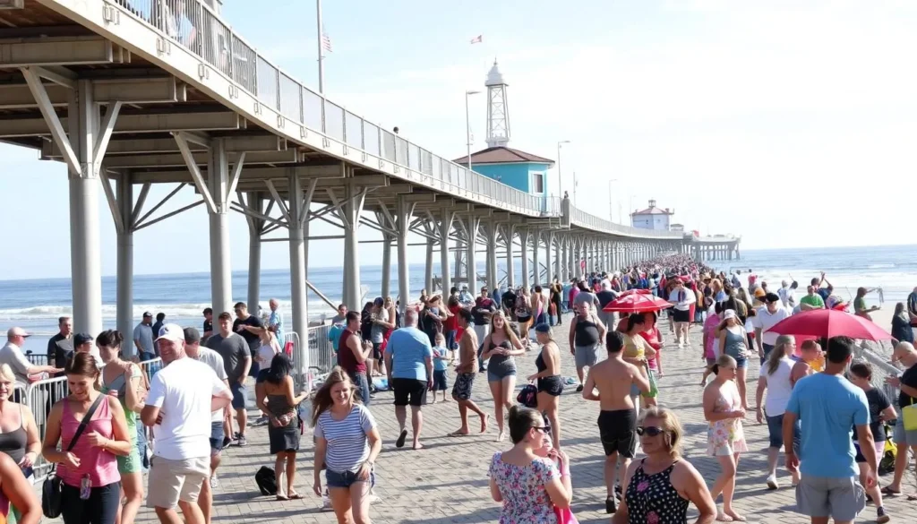 Image of Newport Beach Pier with people enjoying the beach and pier activities