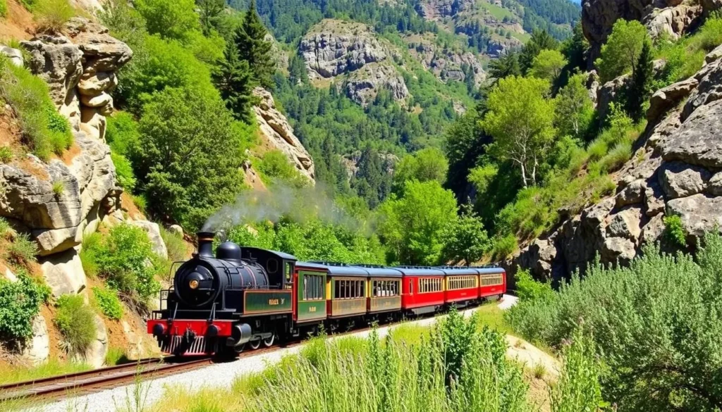 Image of Niles Canyon Railway in operation, with vintage trains traveling through the scenic Niles Canyon.