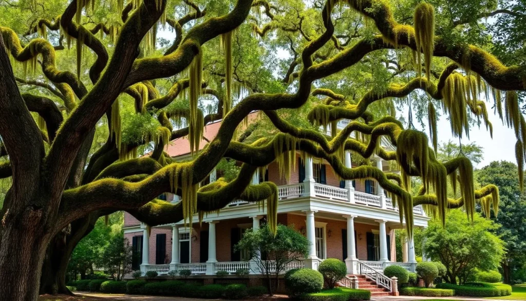 Image of Oakleigh House Museum with moss-draped oak trees in the foreground