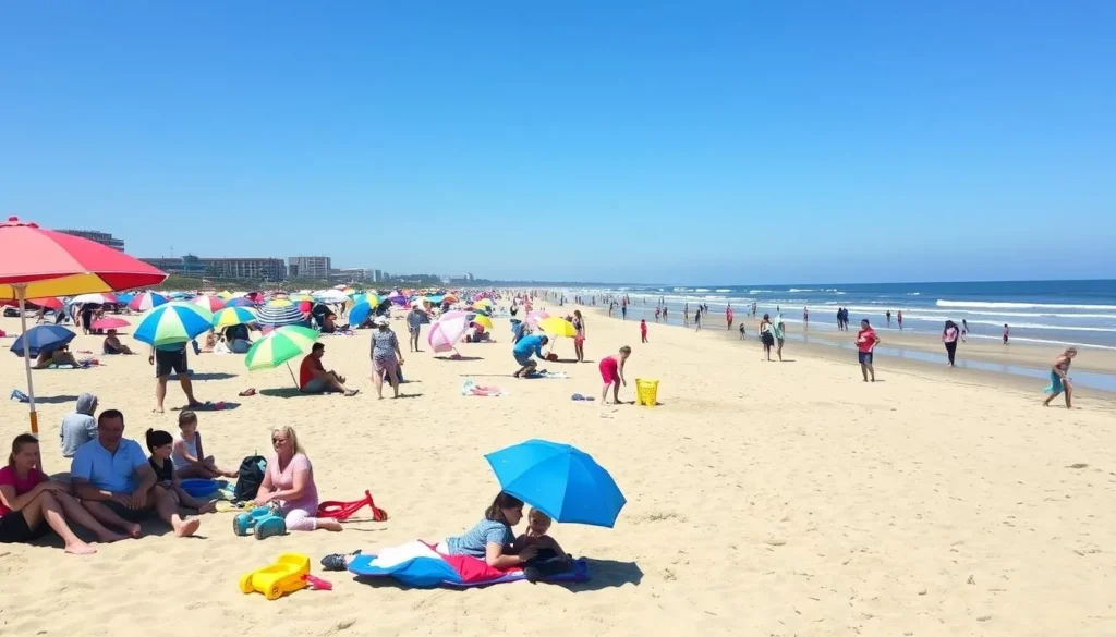 Image of Ocean Beach on Fire Island with families enjoying the beach