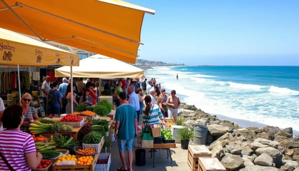 Image of Ocean-side Farmers Market with vendors selling local produce and artisanal goods