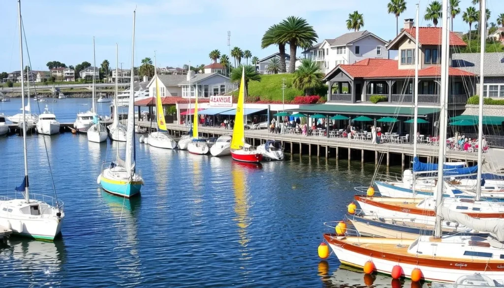 Image of Oceanside Harbor Village with sailboats and waterfront restaurants