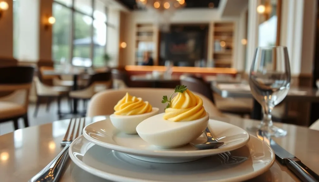 Image of Odelia bistro's elegant interior with a deviled egg dish