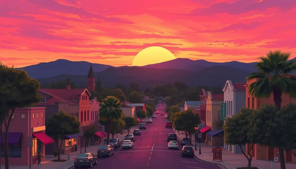 Image of Ojai's downtown area during the "pink moment" sunset Image of Ojai's downtown area during the "pink moment" sunset