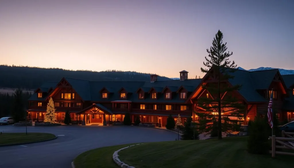 Image of Old Faithful Inn at dusk