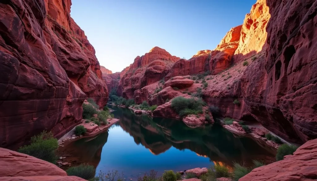 Image of Ormiston Gorge with dramatic red rock walls and a serene waterhole