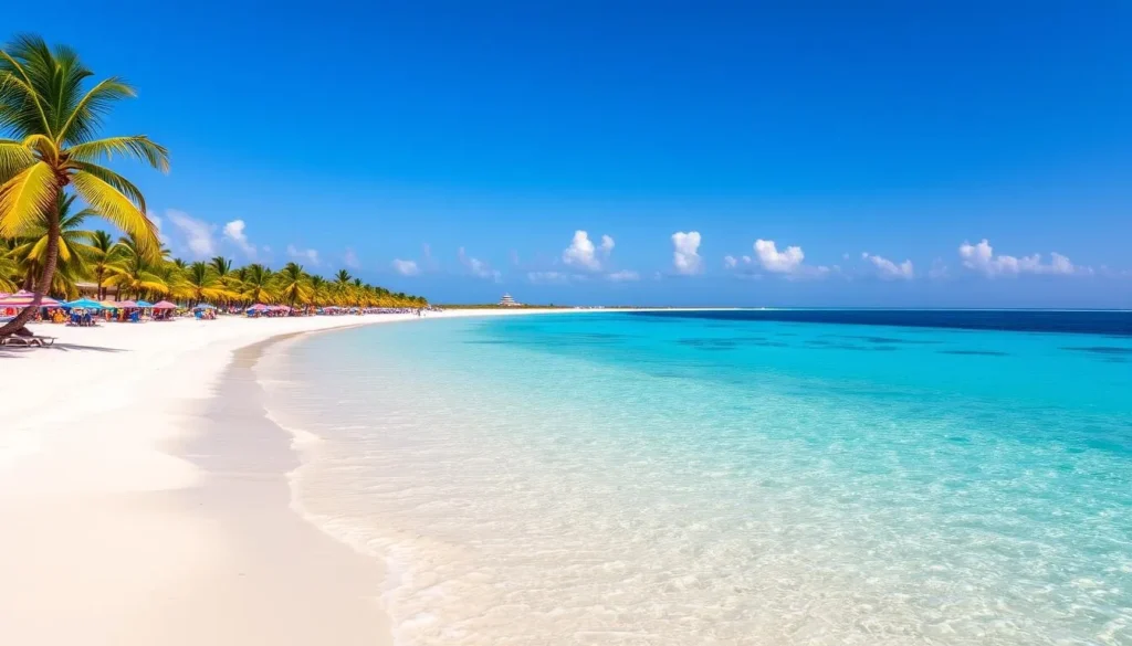 Image of Palm Beach, Aruba, with its clear turquoise waters and white sandy shoreline