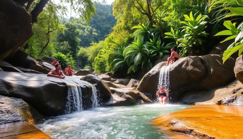 Image of Papase'ea Sliding Rocks with lush rainforest surroundings and people sliding down the natural rocks into a stream.