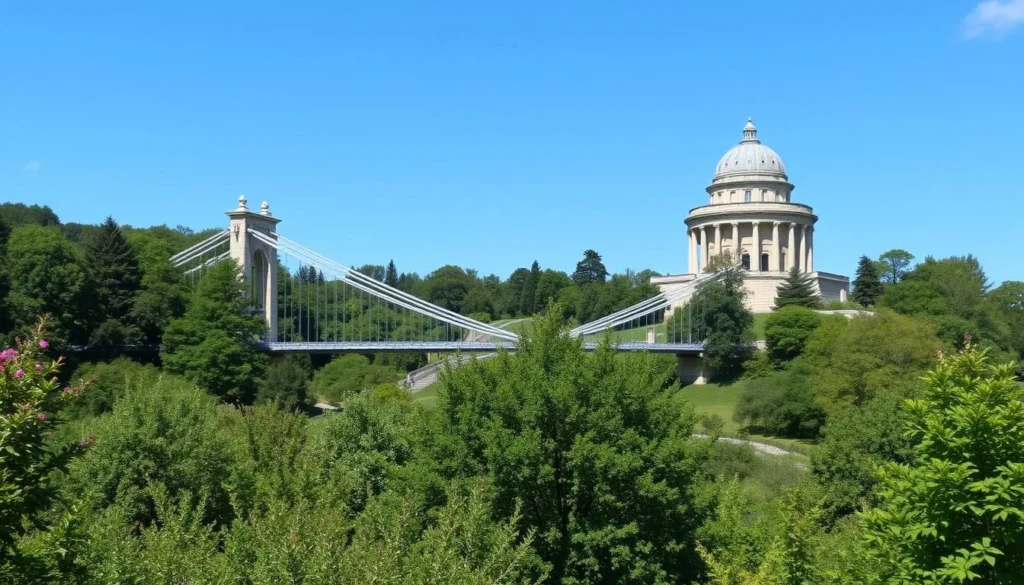 Image of Parc des Buttes-Chaumont with its suspension bridge and temple