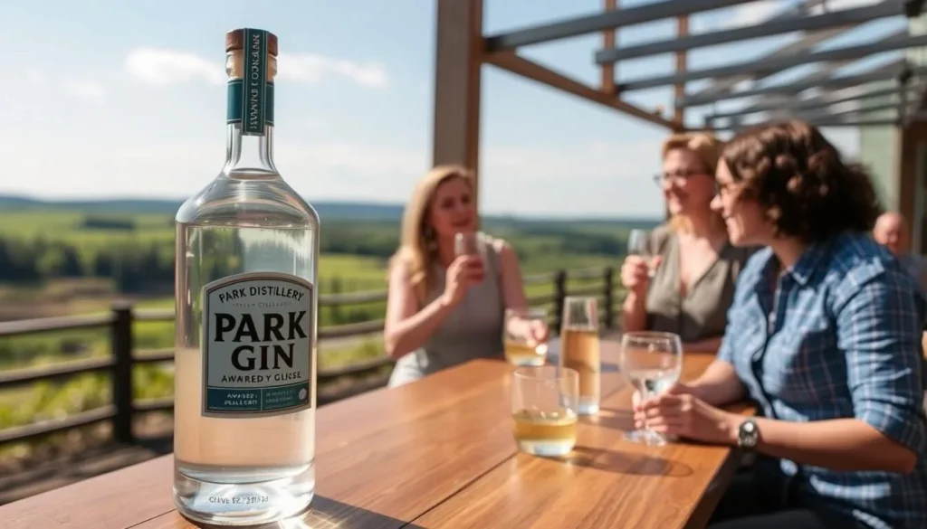 Image of Park Distillery's award-winning gin and a tour group