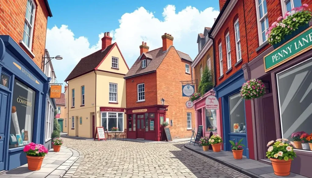 Image of Penny Lane cobblestone alleyway with shops