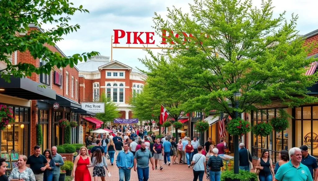 Image of Pike Rose shopping district in Rockville, Maryland, with a bustling atmosphere and variety of stores.