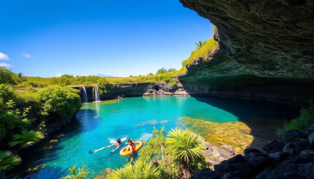 Image of Piula Cave Pool, a bright blue-green freshwater swimming spot surrounded by lush greenery and ancient lava tubes.