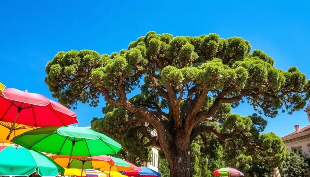 Image of Place Plumereau with its colorful umbrellas and ancient mulberry tree