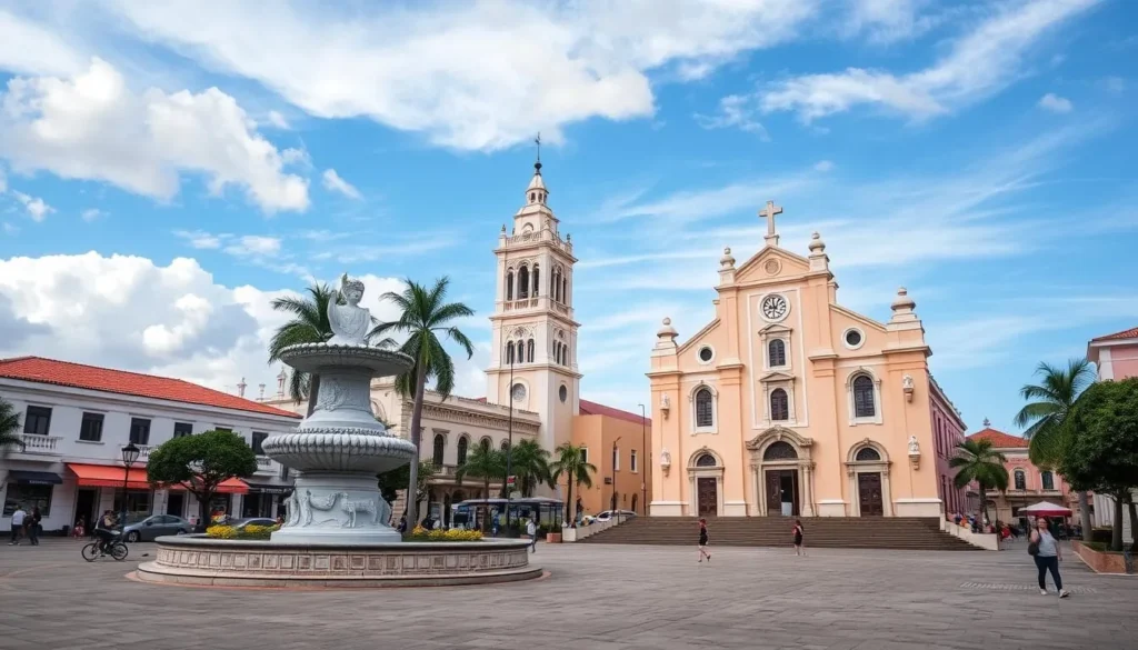 Image of Plaza Las Delicias in Ponce, with Parque de Bombas and Catedral de Nuestra Señora de Guadalupe