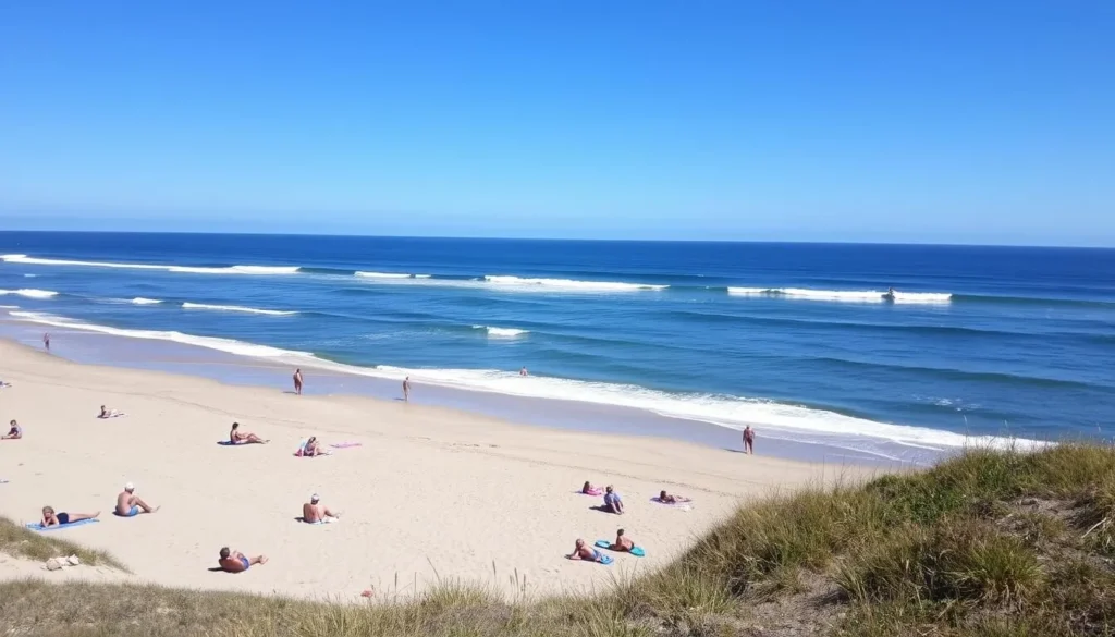 Image of Plum Island Beach with sunbathers and surfers