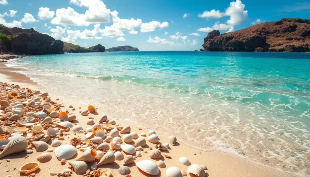 Image of Puka Beach with crystal-clear waters and shells scattered on the shore.