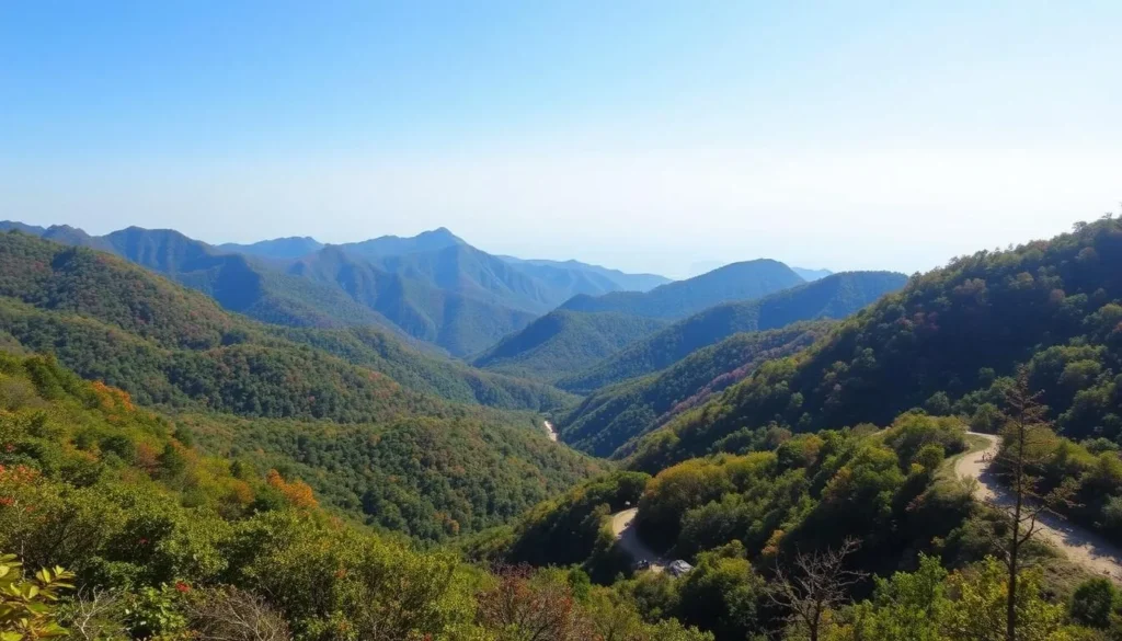 Image of Qipan Mountain Scenic Area with lush forests and hiking trails