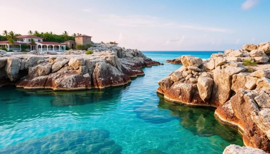 Image of Queen's Bath in Eleuthera, Bahamas, featuring its tranquil, crystal-clear water surrounded by rocky terrain.