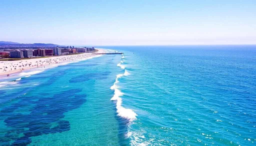 Image of Redondo County Beach with clear blue waters and sunbathers
