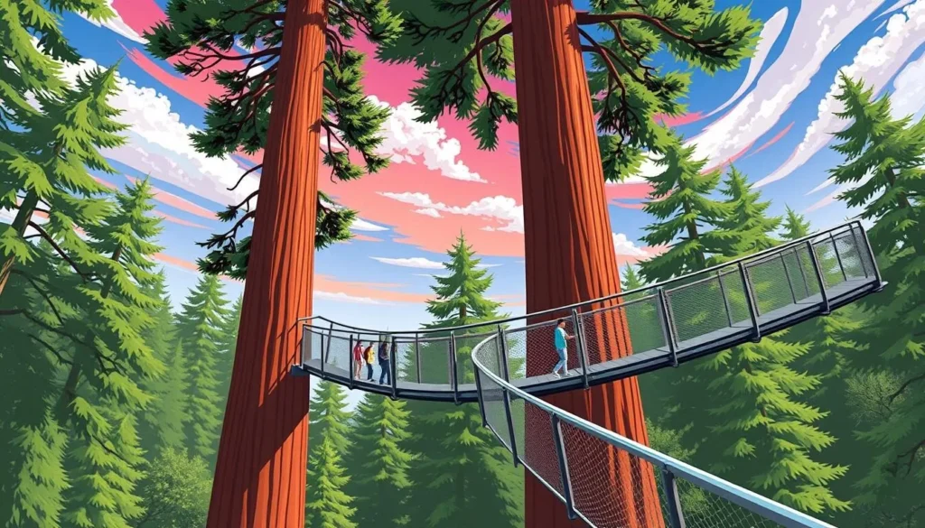 Image of Redwood Sky Walk with visitors walking on the suspended canopy walk