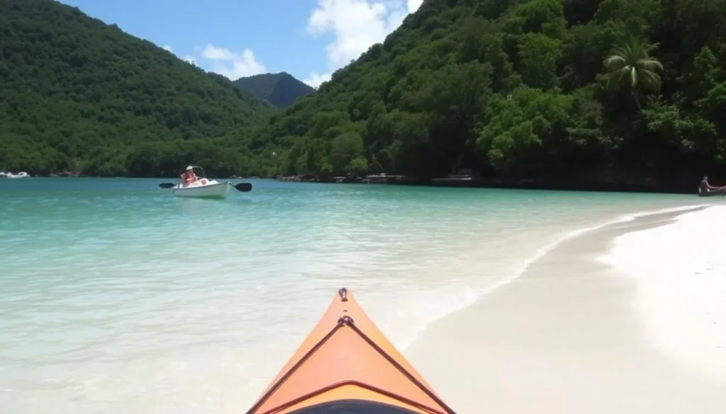 Image of Rendezvous Bay with a kayak or boat approaching the shore