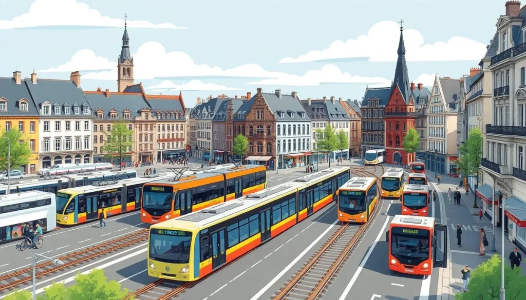 Image of Rennes city center with metro and bus