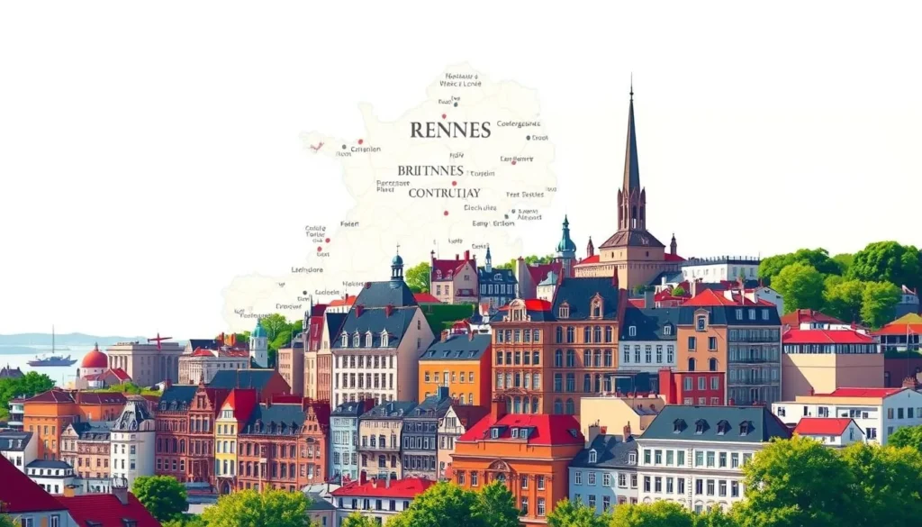 Image of Rennes cityscape with a map of Brittany in the background