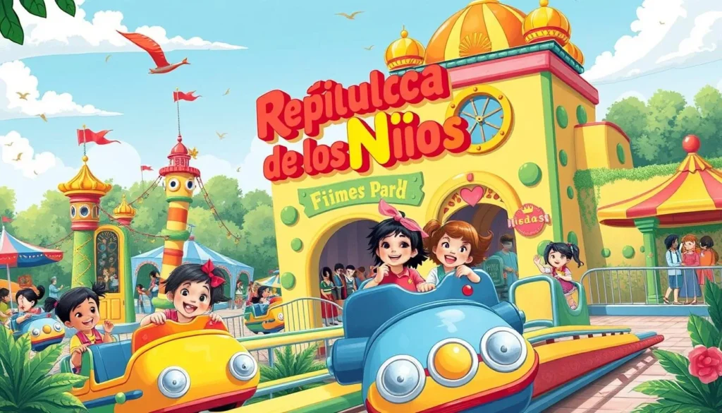 Image of República de los Niños theme park with children enjoying rides and attractions
