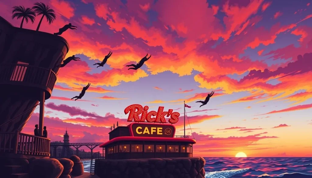 Image of Rick's Cafe with cliff divers and a stunning sunset