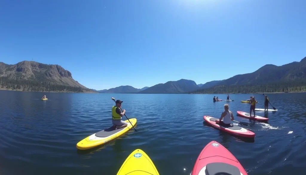 Image of Rimrock Lake with paddleboards and people enjoying water activities