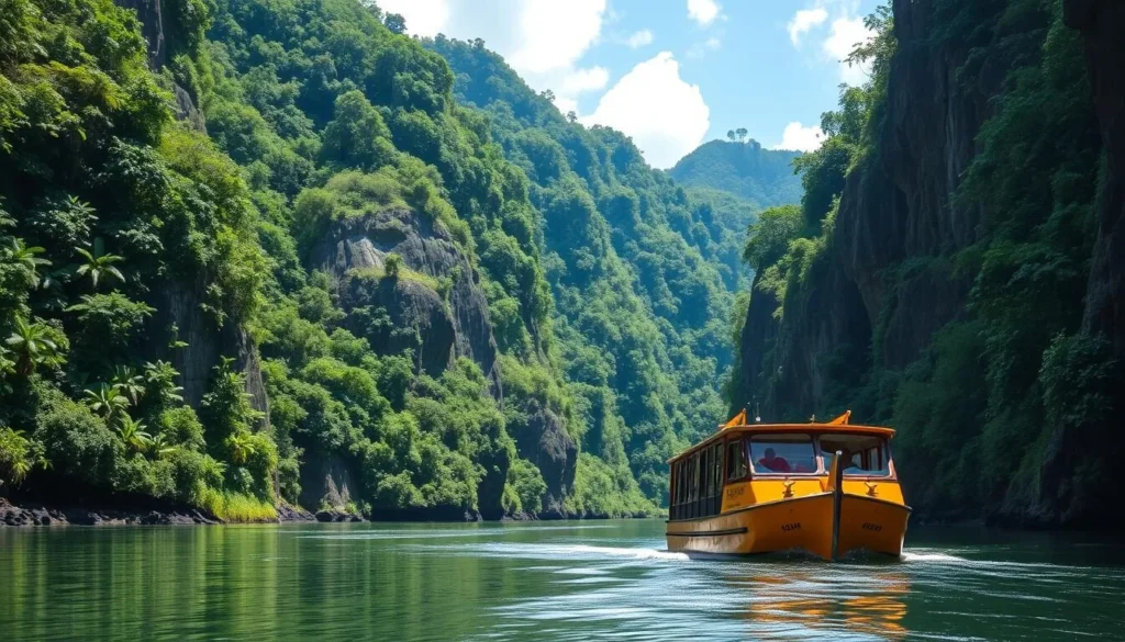 Image of Rio Dulce's dramatic canyon with lush vegetation and a boat journeying through it.