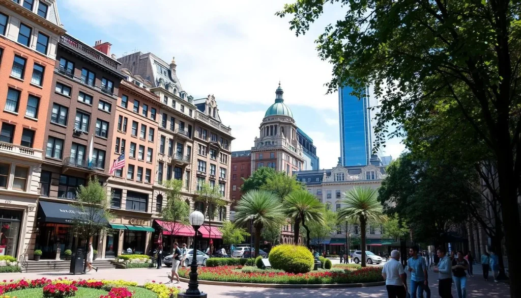 Image of Rittenhouse Square with luxury stores and park