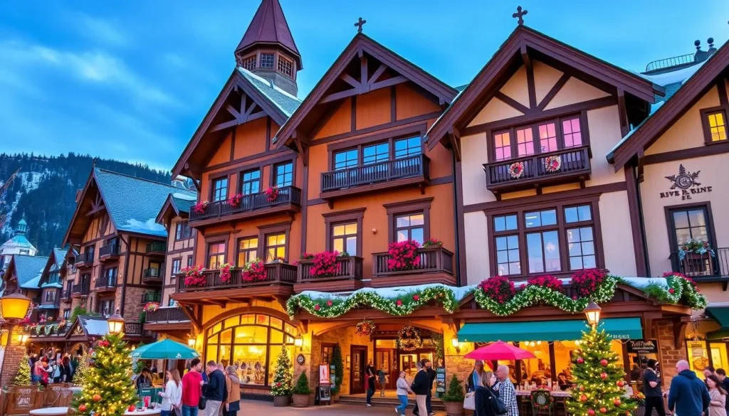 Image of River Run Village with its charming alpine-style buildings and festive atmosphere.