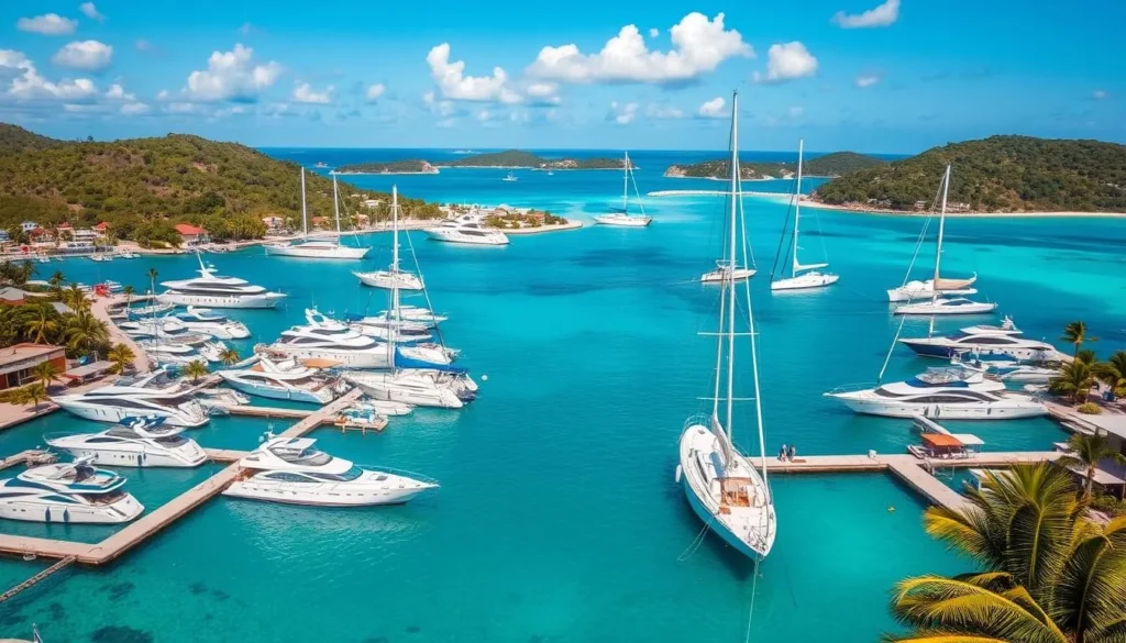 Image of Road Town harbor with luxury yachts and sailing vessels