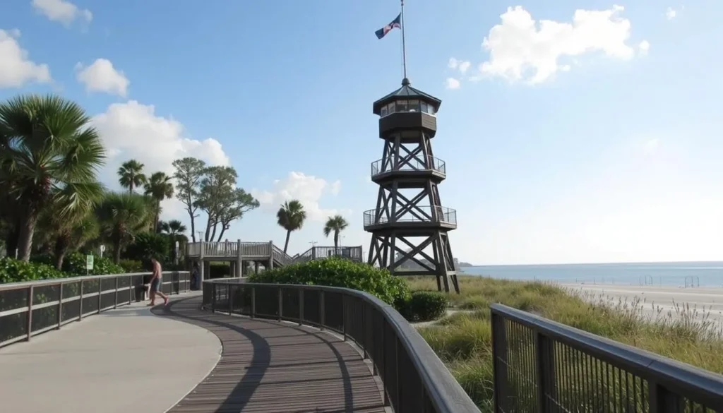 Image of Round Island Beach Park with a boardwalk and observation tower