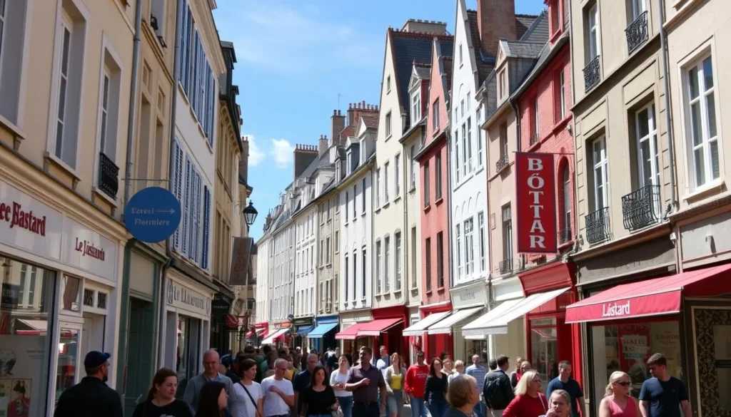 Image of Rue Le Bastard, a bustling shopping street in Rennes