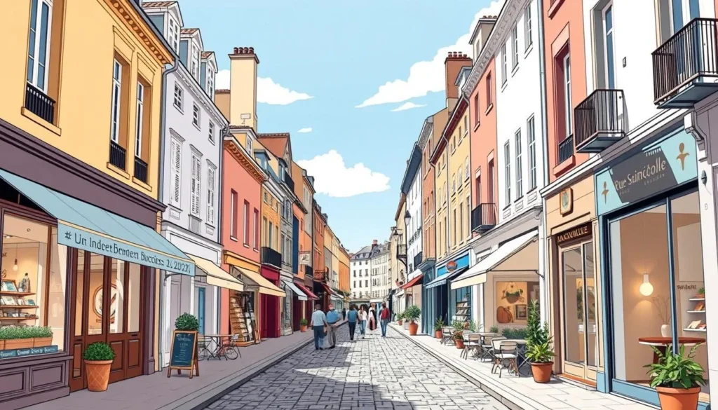 Image of Rue Saint-Nicolas in La Rochelle, France, showcasing its charming pedestrianized street lined with independent boutiques and cafes.