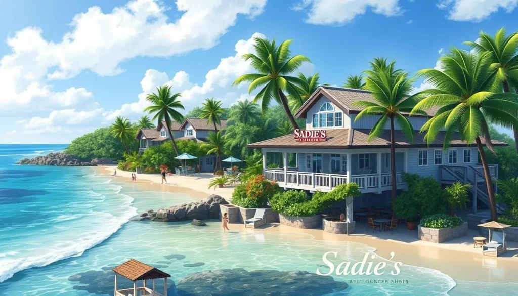 Image of Sadie's by the Sea, showcasing its beachfront location and tropical surroundings