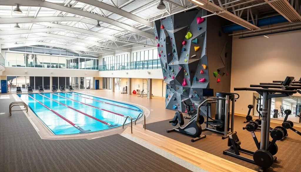 Image of Salt Ayre Leisure Centre facilities, including swimming pool, indoor climbing wall, and gym.